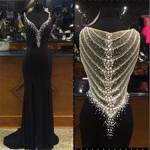 Sexy Long Prom Dress 2017 Black Mermaid Evening Dress Sexy V Neck Chiffon Beaded Pearls Sheer Back Sparkly Formal Gowns