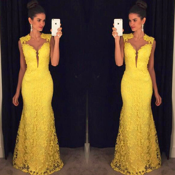 Yellow Lace Long fitted Prom Dress Elegant Vestido De Festa Mermaid Long Party Dresses Sleeveless vestidos de baile