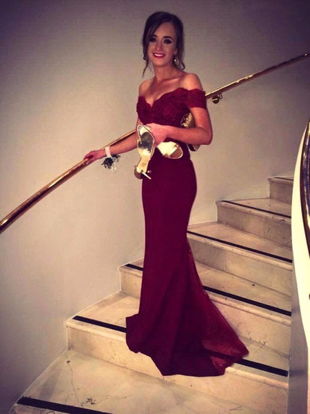 Elegant Off the Shoulder Lace Appliques Backless Long Mermaid Burgundy Wine Prom Dresses 2017 New Formal Evening Gowns Dresses