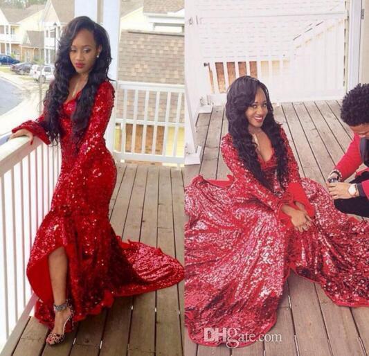 2016 Black Girls Sparkly Red Sequins Mermaid Prom Dresses with Long Sleeves Sweep Train Split Evening Dresses Sexy Party Gowns