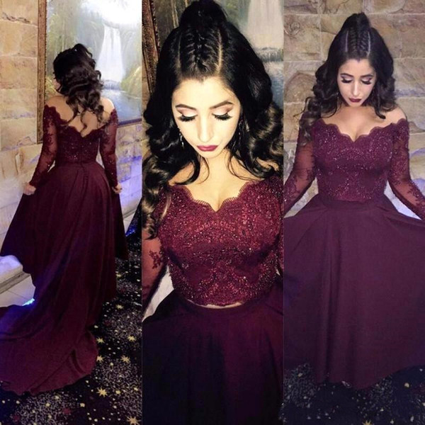 Sexy Long Sleeve Burgundy Two Pieces Prom Dresses 2017 Lace Wine Prom Gowns Crystal Beaded See Through Party Formal Evening Gowns