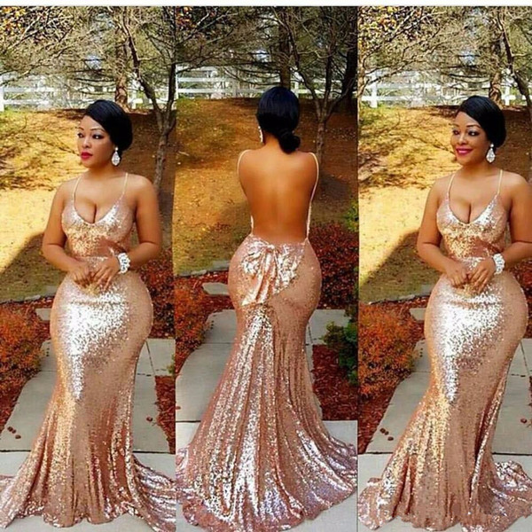 Sparkly African Sequins Rose Gold Mermaid Prom Dresses 2017 Sexy Plus size Spaghetti Straps Evening Dresses With Bow Backless robe de soiree