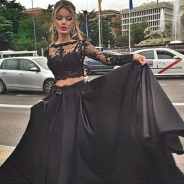 2017 Long 2 Piece Prom Dress Black Evening Dress with Lace Long Sleeves Vestidos Largos de Noche Robe de Soiree Manche Longue