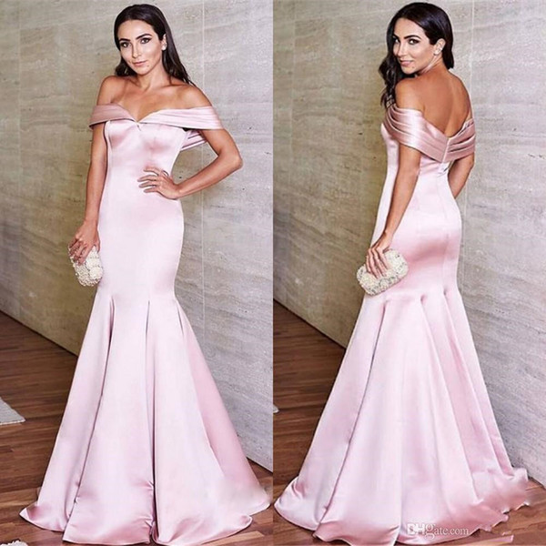 Floor Length Prom Dresses Elegant Off Shoulder Satin Mermaid Formal Evening Dresses Prom Dress Ruched Bright-Pink Evening Party Gowns