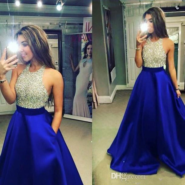 2017 New Royal Blue Backless Satin Prom Dresses Blingbling Halter Beaded Top Bodice A Line Floor Length Party Evening Dresses