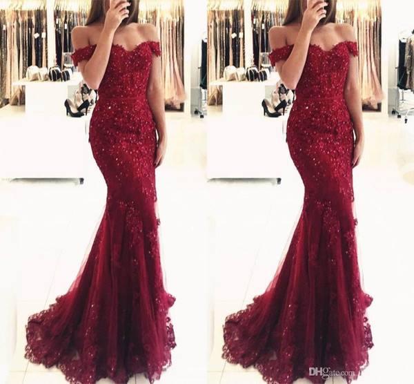 New Elegant Off the Shoulder Beaded Mermaid Prom Dresses 2017 Short Sleeves Lace Appliques Floor Length Formal Evening Wear Custom Made