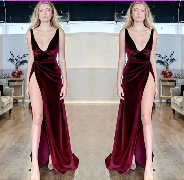 Velvet Sexy Deep V Neck Burgundy Prom Dresses High Side Slit Evening Party Dress Special Occasion Gown BC1591