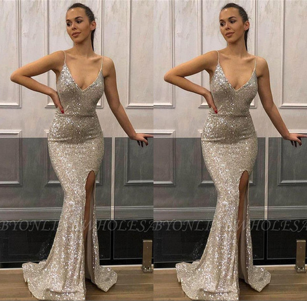 Sexy Deep V Neck Mermaid Prom Dresses Silver Sequined Front Split Spaghetti Evening Party Dresses BC1552