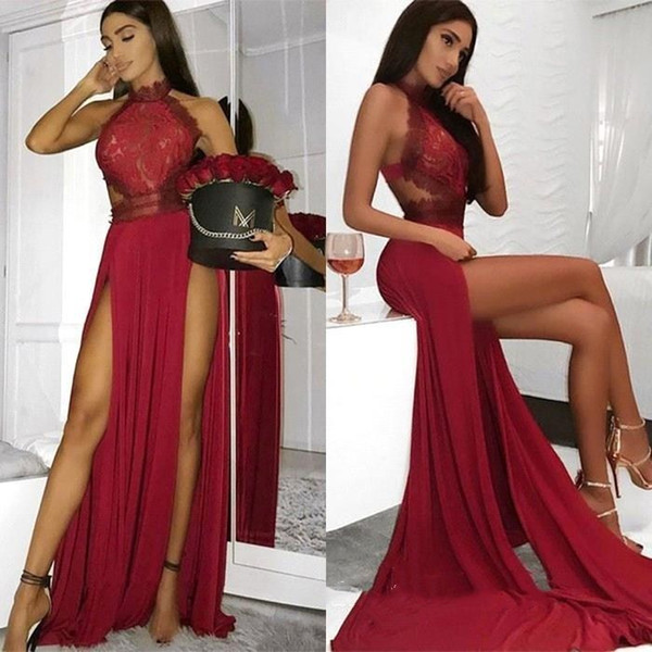 Sexy Side Splits Red Prom Dresses Halter Cutaway Sides Lace Appliques Evening Dress Party Gown BC0909