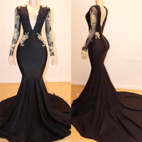 Black Deep V Neck Mermaid Prom Dresses Sheer Long Sleeve Gold Lace Appliques Side Split Evening Dress Party Gown BC1519