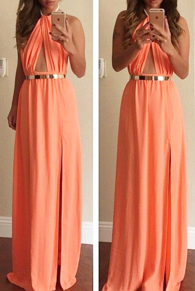 Summer Party Sexy Orange Prom Dresses Halter Side Split Evening Party Gown Floor Length Special Occasion Dress BC1145