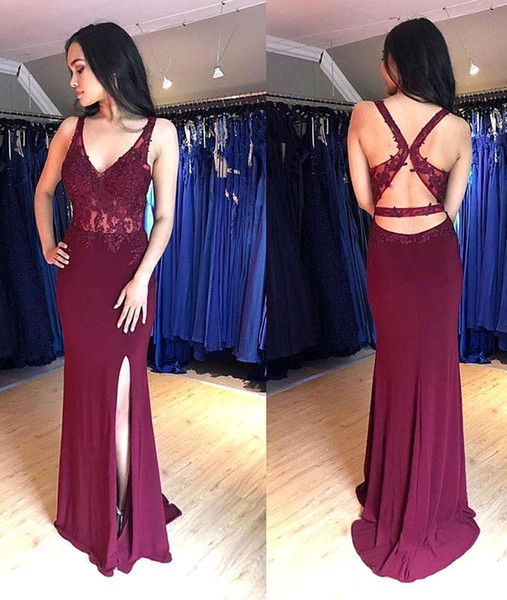 Sexy Designed Backless Mermaid Prom Dresses Front Split Appliques Burgundy V Neck Evening Party Gown BC0917