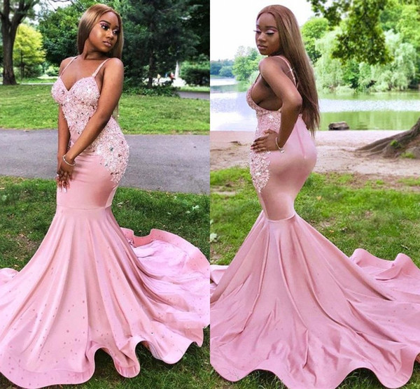 New Sexy Black Girls Mermaid Prom Dresses Backless with Appliques Beads Spaghetti Evening Party Gown BC0979