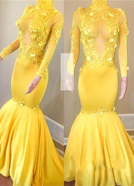 Vintage High Neck Bright Yellow Mermaid Prom Dresses 3D Flowers Appliques Long Sleeve Evening Dresses BC1457