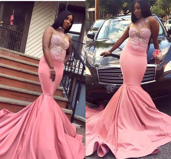 Gorgeous Black Girls Blush Pink Prom Dresses Mermaid Appliques High Neck Evening Dress Party Gown BC0914