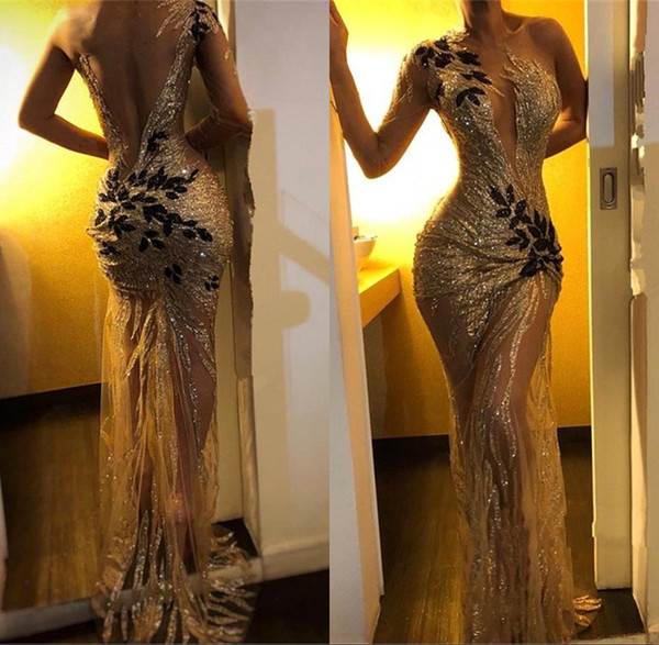 Sexy Sheer Neck Mermaid Prom Dresses Illusion Back Gold Sequined Appliques One Shoulder Long Sleeve Evening Party Dress BC0954