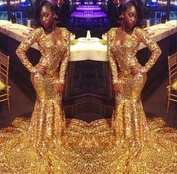 Luxury Gold Sequined Long Sleeve Mermaid Prom Dresses Scoop Sweep Train Elegant Black Girls Evening Party Dress South African BC1303