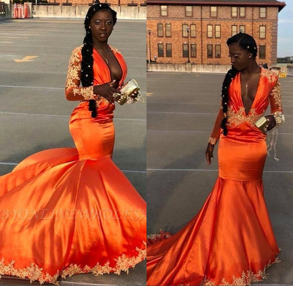 South Africa Bright Orange Long Sleeve Mermaid Prom Dresses Plunging V Neck Black Girls Elegant Evening Party Dress BC1058