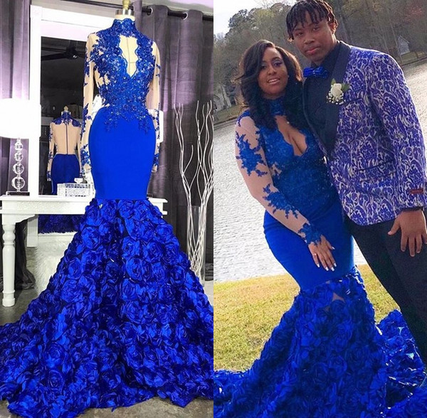 Royal Blue Flowers Mermaid Prom Dresses Lace Appliques Long Sleeve Keyhole Neck Evening Party Dress Girls Formal Wear