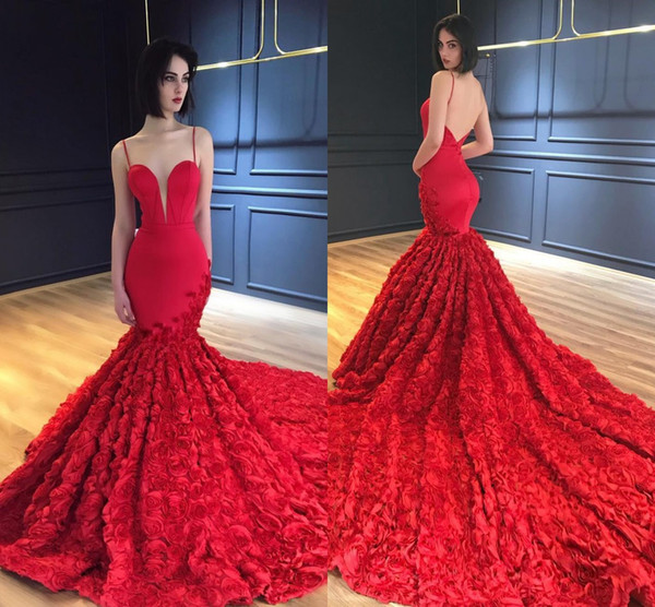 Red Prom Dresses Sexy Spaghetti Strap Open Back 3D Flowers Mermaid Dresses Evening Wear Custom Made BA8856