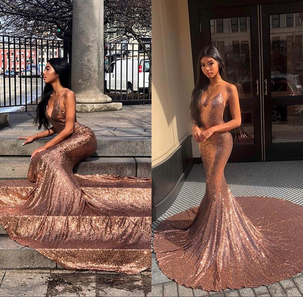 Rose Gold Mermaid Prom Dresses Deep V Neck Spaghetti Sweep Train Evening Party Dress Formal Gown