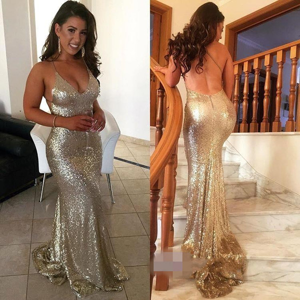 Blingbling Gold Sequined Mermaid Prom Dresses Halter Criss Cross Backless Elegant Evening Party Gown BC1155