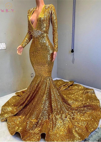 Golden Prom Dresses Long Sleeves Sequined Mermaid Beaded Stones Backless Sweep Train Vestidos de Festa Party Evening Gowns