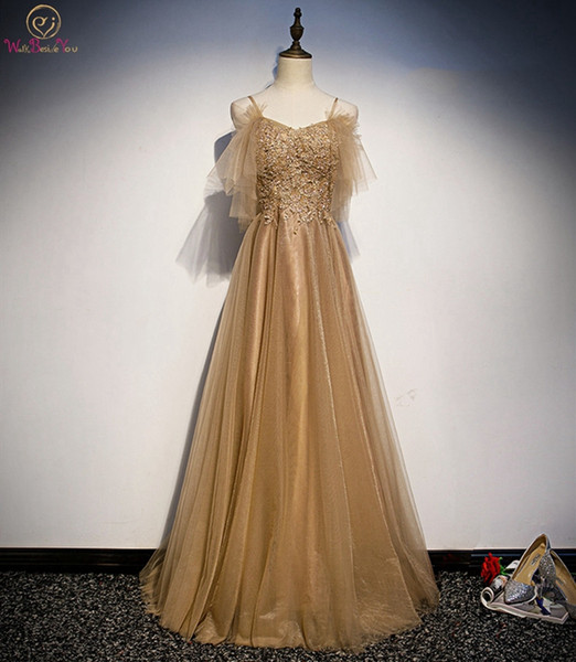 Gold Prom Dresses Tulle Appliques Illusion A-line Beading Sequined V-neck Floor Length Lace-up Off Shoulder Evening Dresses