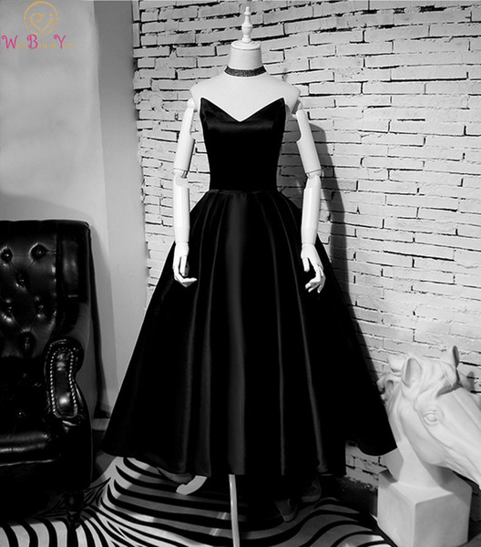 Black Elegant Prom Dresses New Strapless Zipper High Front Low Back Sleeveless V-neck Satin Pleat Floor Length Evening Gown