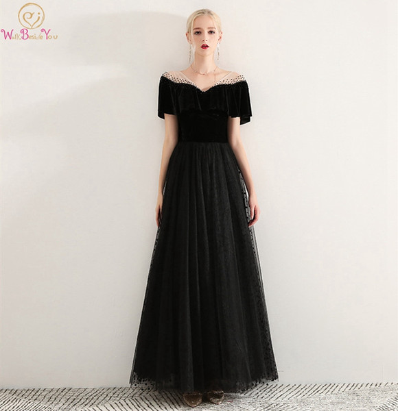 Black Beading Prom Dresses A-line Backless Tulle Lace Short Poet Sleeve V-neck Floor Length Simple Elegant Vestido Evening Dress