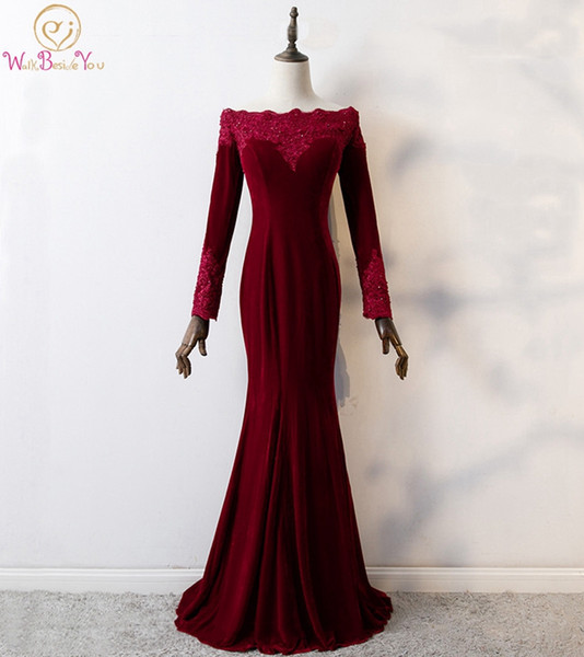 Dark Red Prom Dress Off Shoulder Mermaid Appliques With Beading Floor Length Boat Neck Full Sleeves Lace Zipper Vintage Velour