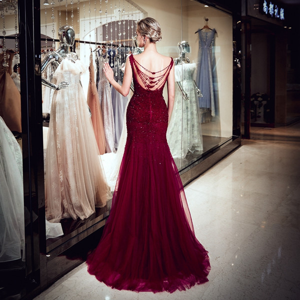 100% Real Picture Burgundy Prom Dresses Mermaid Tulle Sleeveless Sexy Beading Bodice Scoop Neck Sweep Train Evening Formal Party Gowns