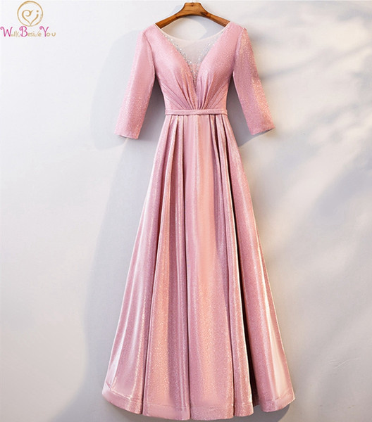 Pink Prom Dresses Sequined Newest A-line Simple Scoop Neck 3/4 Sleeves Floor Length Lace-up Beading vestido Evening Dress