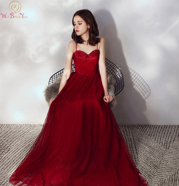 Wine Red Prom Dresses Spaghetti Straps Sleeveless Floor Length Lace-up Beading Lace Sequined Sweetheart Neck Evening Dresses