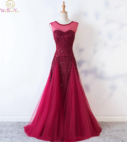 Sleeveless Prom Dress Wine Red A-line Tulle With Fur Beading Sequined New O-neck Key Hole Back Lace-up Floor Length Evening Gown