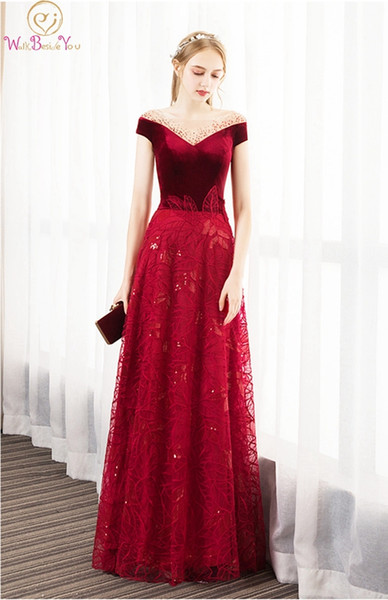 Wine Red Prom Dress New Lace Velour Top Beading Boat Neck Long Dress A-line Floor Length Floral Print Elegant Evening Gown