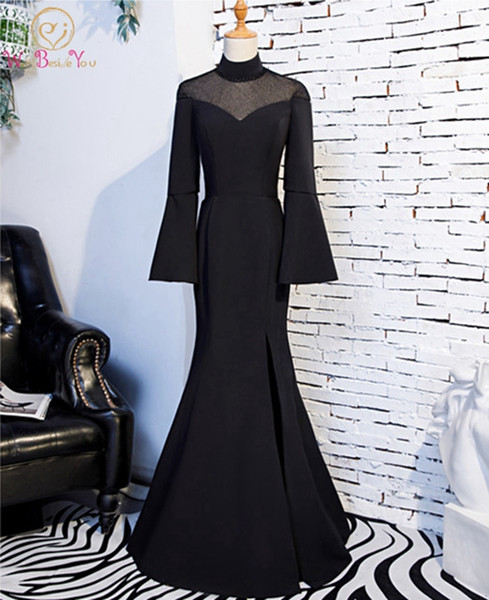 Black Prom Dress Poet Full Sleeves Satin Mermaid Sexy High Neck Split Side Trumpet Floor Length Elegant Zipper Evening Dresses