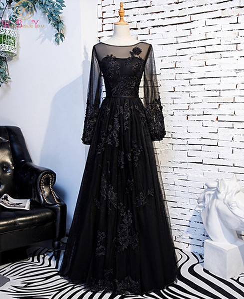 Black Appliques Prom Dress Full Sleeves Beading Sequined Scoop Neck Floor Length A-line Zipper Elegant Tulle Formal Dresses