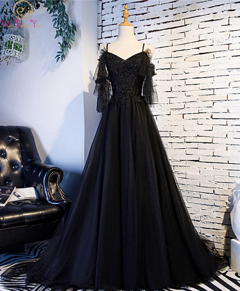 Ruffles Sleeves Prom Dress Black V-neck Spaghetti Straps Sweep Train A-line Appliques Beading Sequined Lace-up Evening Dresses