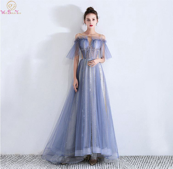 New Blue Prom Dress Lace-up Tulle Sequined Illusion A-line Short Sleeves O-neck Sweep Train Beading Pleat Sexy Evening Gown