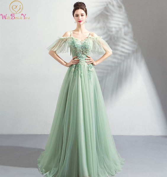 New Prom Dress Sweetheart Neck Sweep Train Appliques Beading Green Spaghetti Strap Off Shoulder Lace-up Tulle Evening Dress