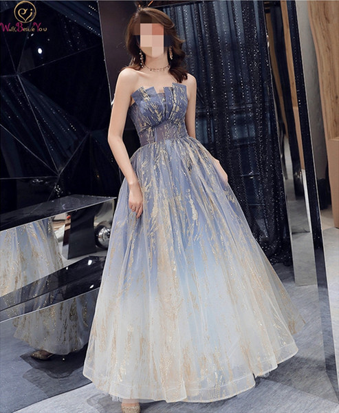 Strapless Prom Dress New Floor Length Gold Lace Tulle Tiered Chest A-line Sexy Illusion Lace-up Sleeveless Evening Dresses