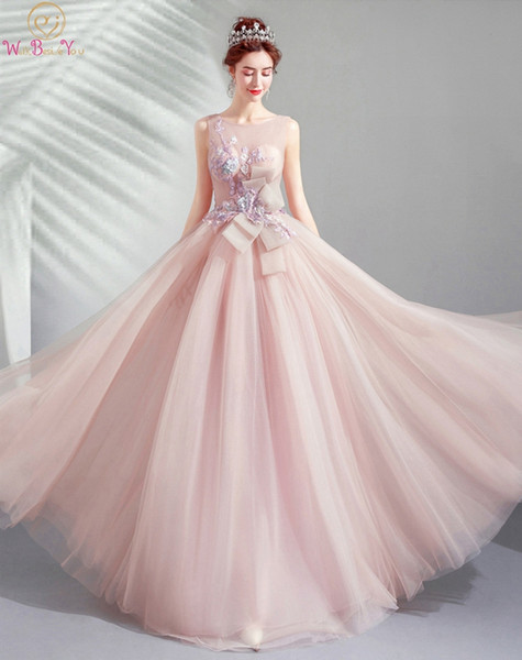 Pink Prom Gown New A-line Sleeveless O-neck Tulle Appliques With Beading Bow Waist Floor Length Lace-up Backless Party Gown