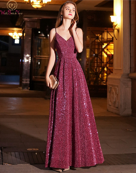 Wine Red Sequined Prom Dress New Spaghetti Straps A-line Sleeveless V-neck Sexy Simple Backless Floor Length Evening Dress