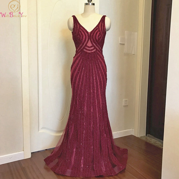 V-neck Evening Dress Real Pics Beading Sequined Tulle Sweep Train Mermaid Sexy Luxury Sleeveless Burgundy Backless Prom Dresses