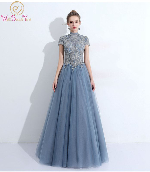 Blue Prom Dress Short Sleeve Floor Length Beading Applique Sequined High Neck A-line Tulle Lace-up Vestidos Longos Evening Gown