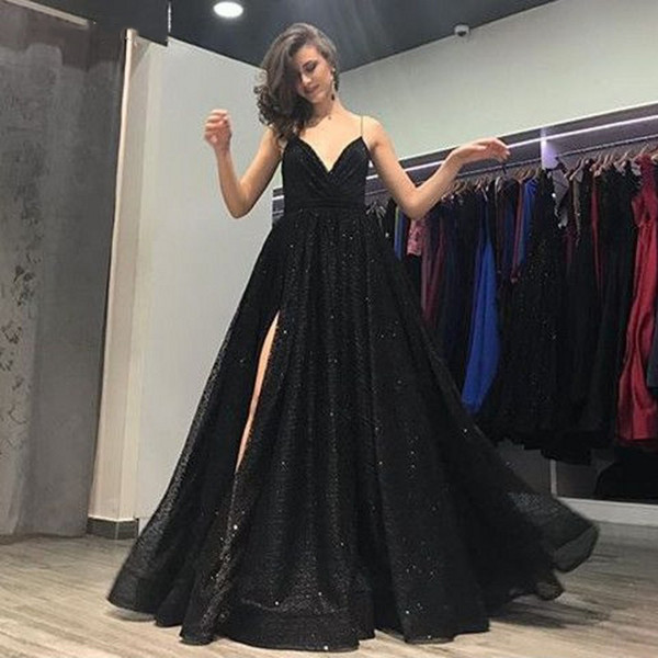 V-Neckline Backless Prom Long Elegant Dresses Sexy Front Split A-Line Spaghetti Straps Sweep Train Black Sequined Evening Gown