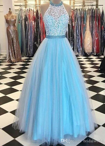 WHITE LACE APPLIQUES PROM DRESSES LIGHT BLUE TULLE HIGH HALTER NECK EVENING GOWNS A-LINE LONG SLEEVELESS FORMAL PARTY GOWNS CUSTOM MADE