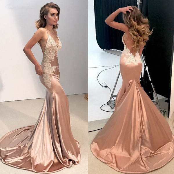 Sexy Formal Prom Dresses Women Elegant vestidos de fiesta Applique Open Back V-Neck Spaghetti Straps Satin Mermaid Evening Dress 