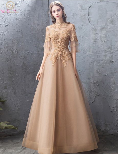 Gold Tulle Evening Dress Luxury Top Lace Elegant New Design Illusion Sleeves A Line High Neck Floor Length Women Prom Gown